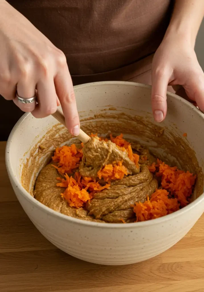 Mixing batter for sweet potato and carrot cake