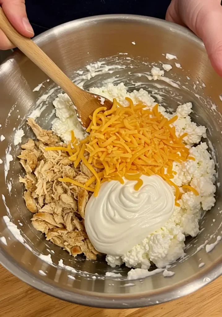 Mixing cottage cheese and chicken for buffalo dip