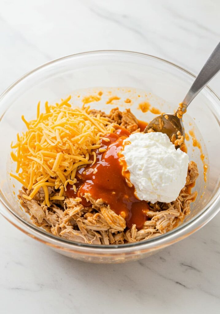 Mixing buffalo chicken dip high protein ingredients