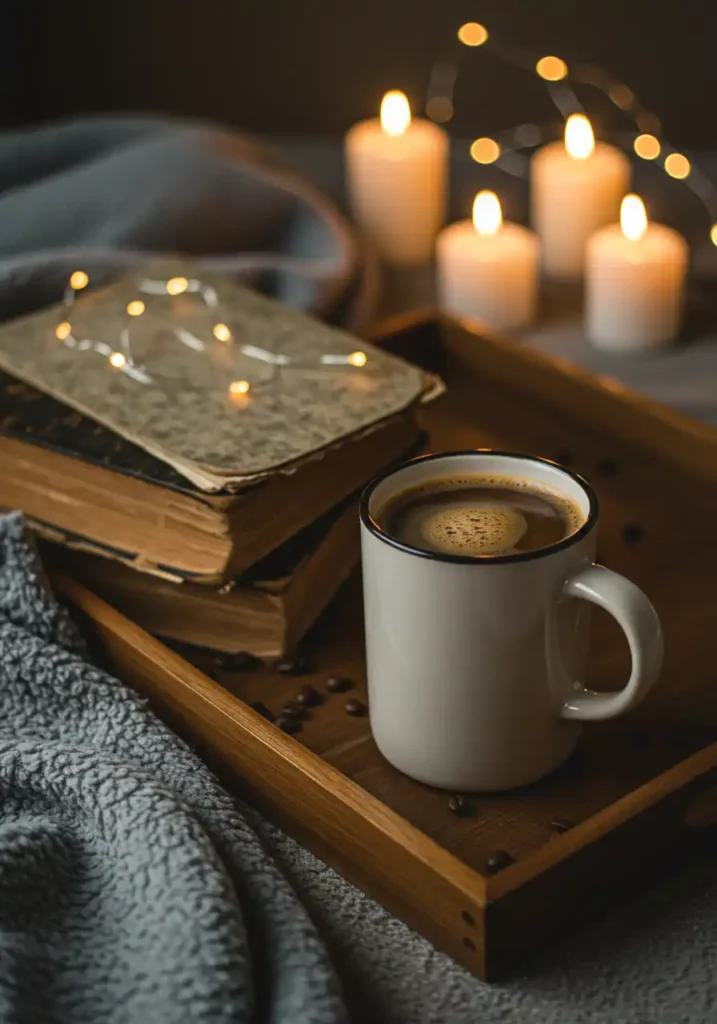 mushroom coffee on tray with blanket and candle