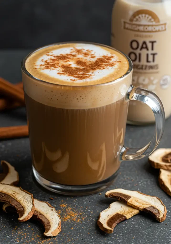 woman drinking mushroom coffee at night in cozy kitchen