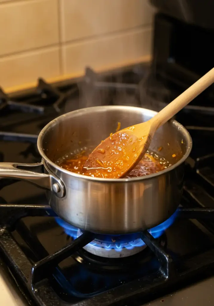 orange zest simple syrup simmering in a pot