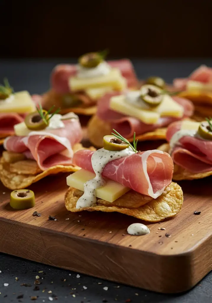 potato chip charcuterie nachos on rustic board