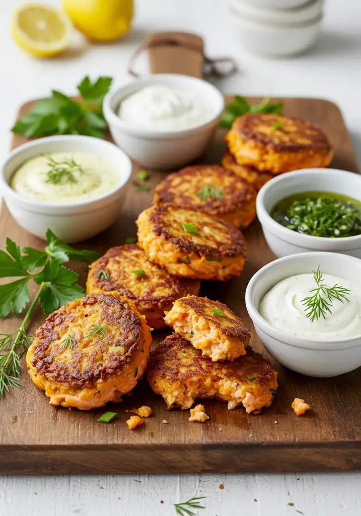 salmon and sweet potato cakes on a plate