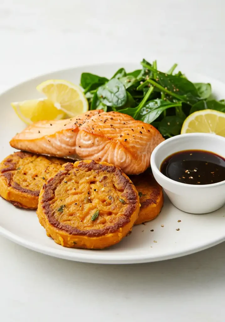 served salmon and sweet potato cakes with dip