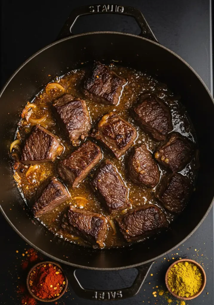 searing birria beef in pot