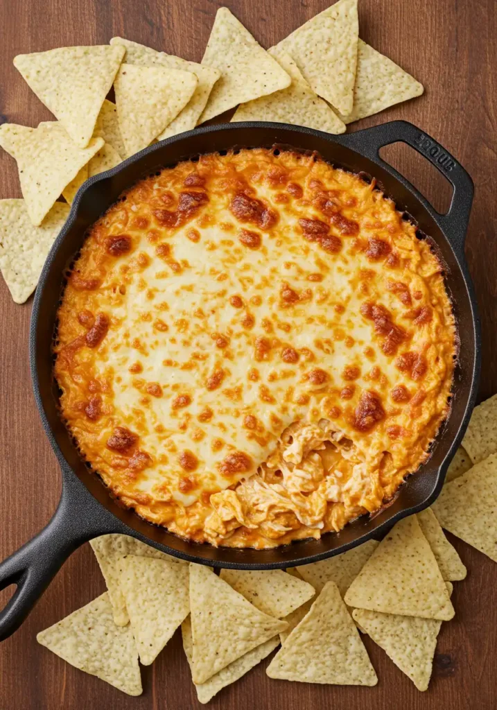 Buffalo chicken dip with golden top in skillet