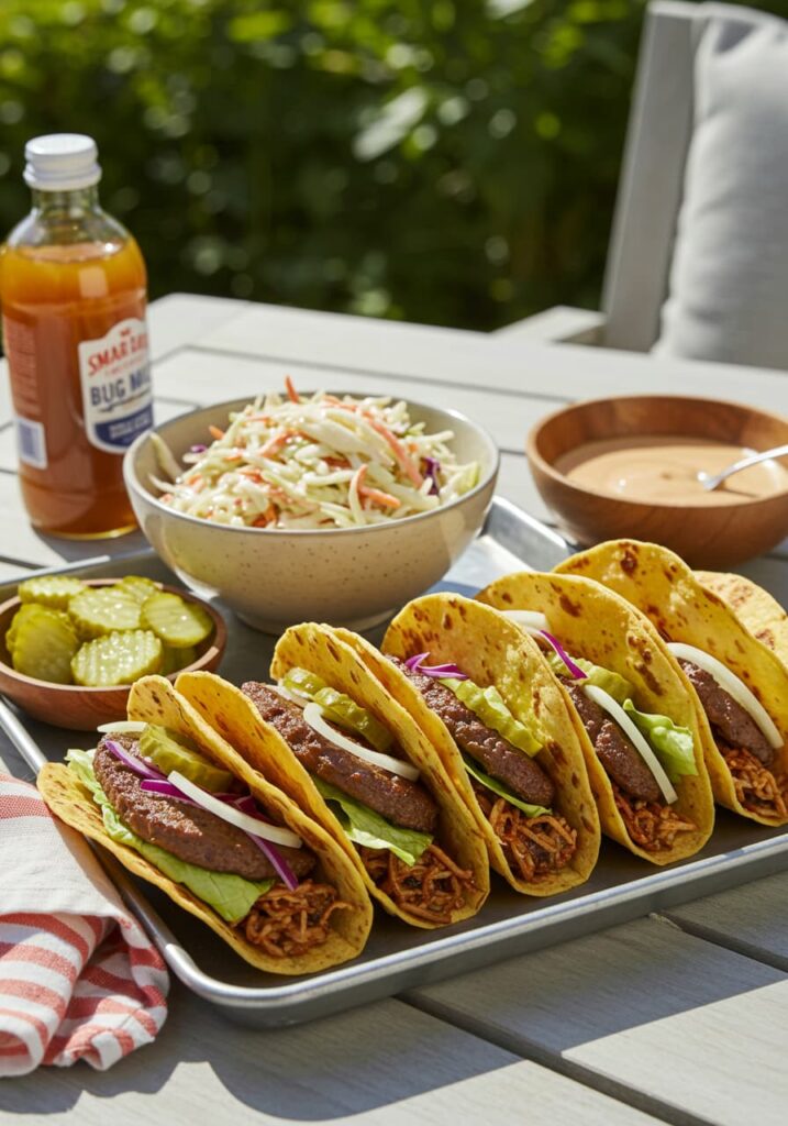 Smash burger tacos Big Mac style on cutting board