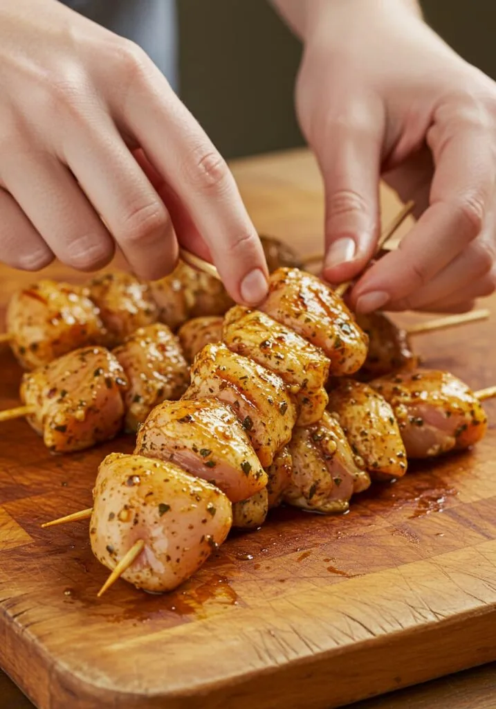 Skewering garlic parmesan chicken