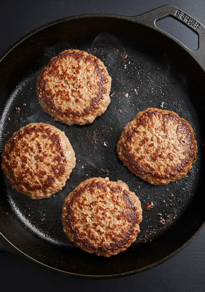 Smashed beef patties searing on cast iron skillet