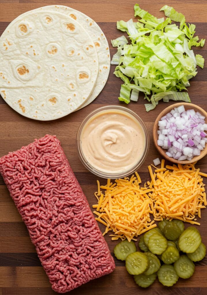 Ingredients for smash burger tacos Big Mac style
