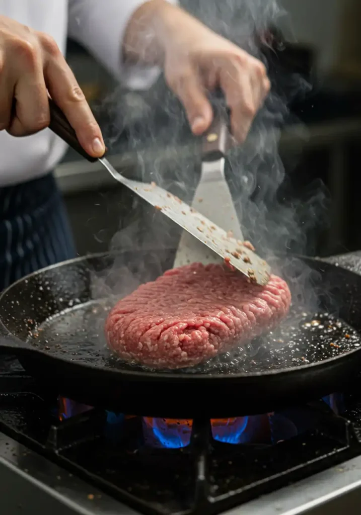 beef patty being smashed on hot skillet for low carb smash burger taco