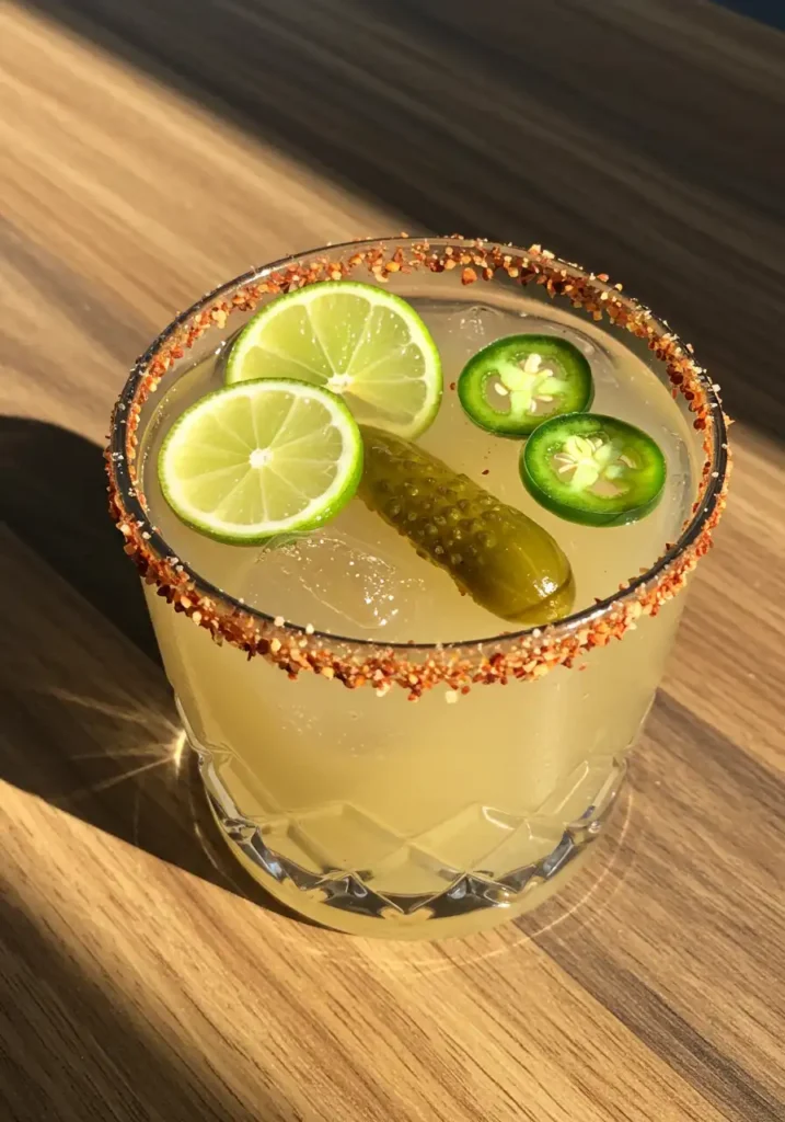 spicy pickle margarita with lime and jalapeño