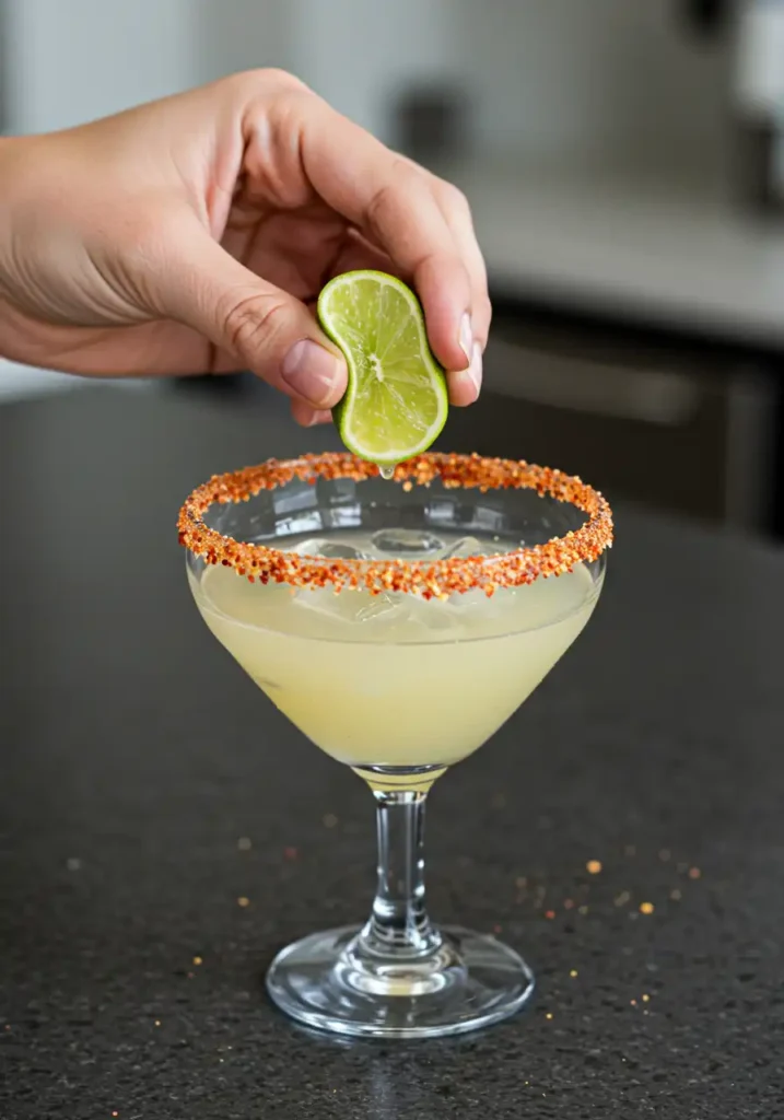 rimming glass with chili lime seasoning
