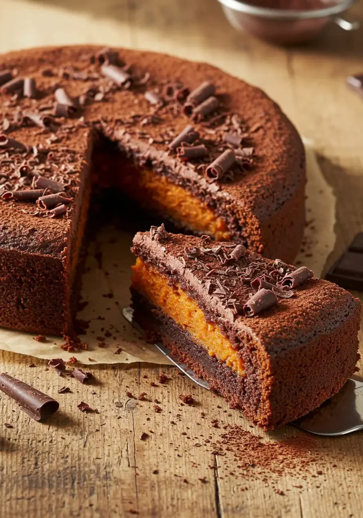 Sweet potato chocolate cake sliced on rustic wooden table