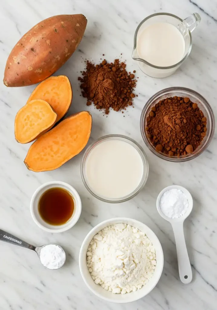 Ingredients for sweet potato chocolate cake laid out
