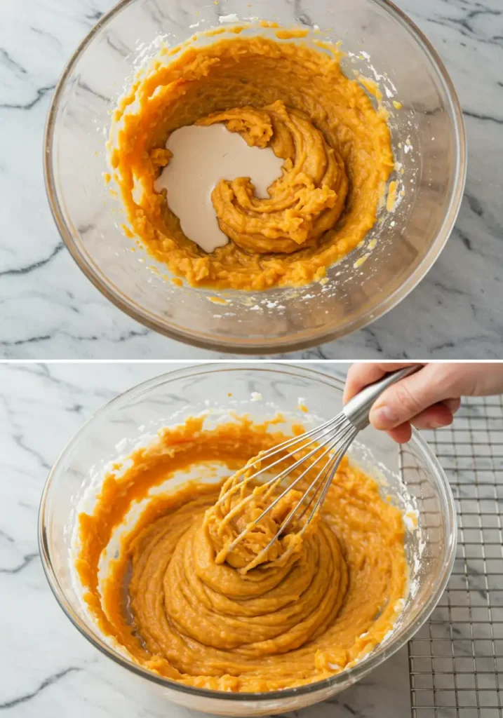 Whisking wet ingredients for sweet potato chocolate cake