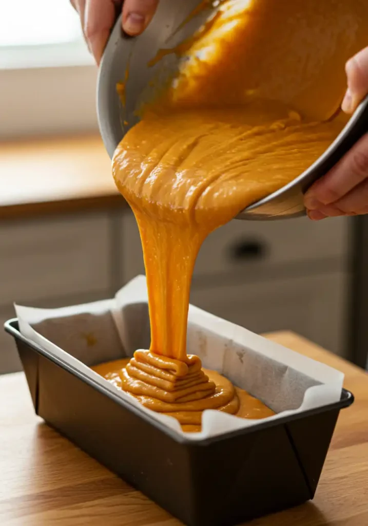pouring cake batter into loaf pan