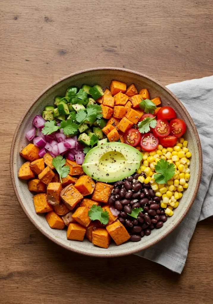 taco sweet potato bowl with roasted vegetables