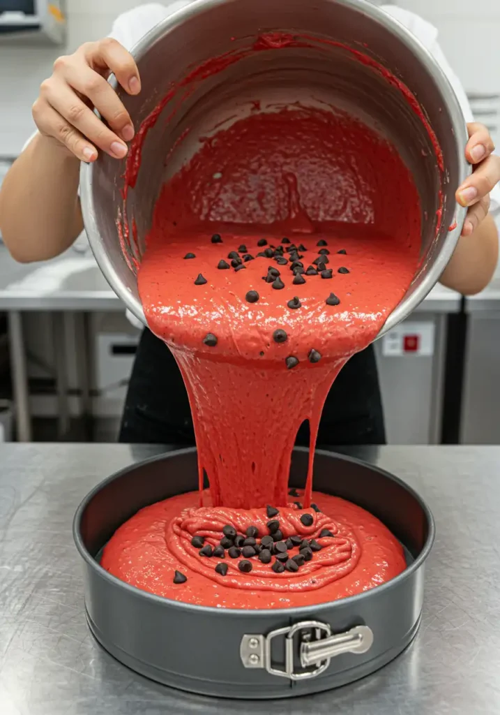 Red batter with chocolate chips for watermelon cake