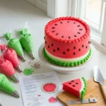 Recipe card next to a watermelon cake