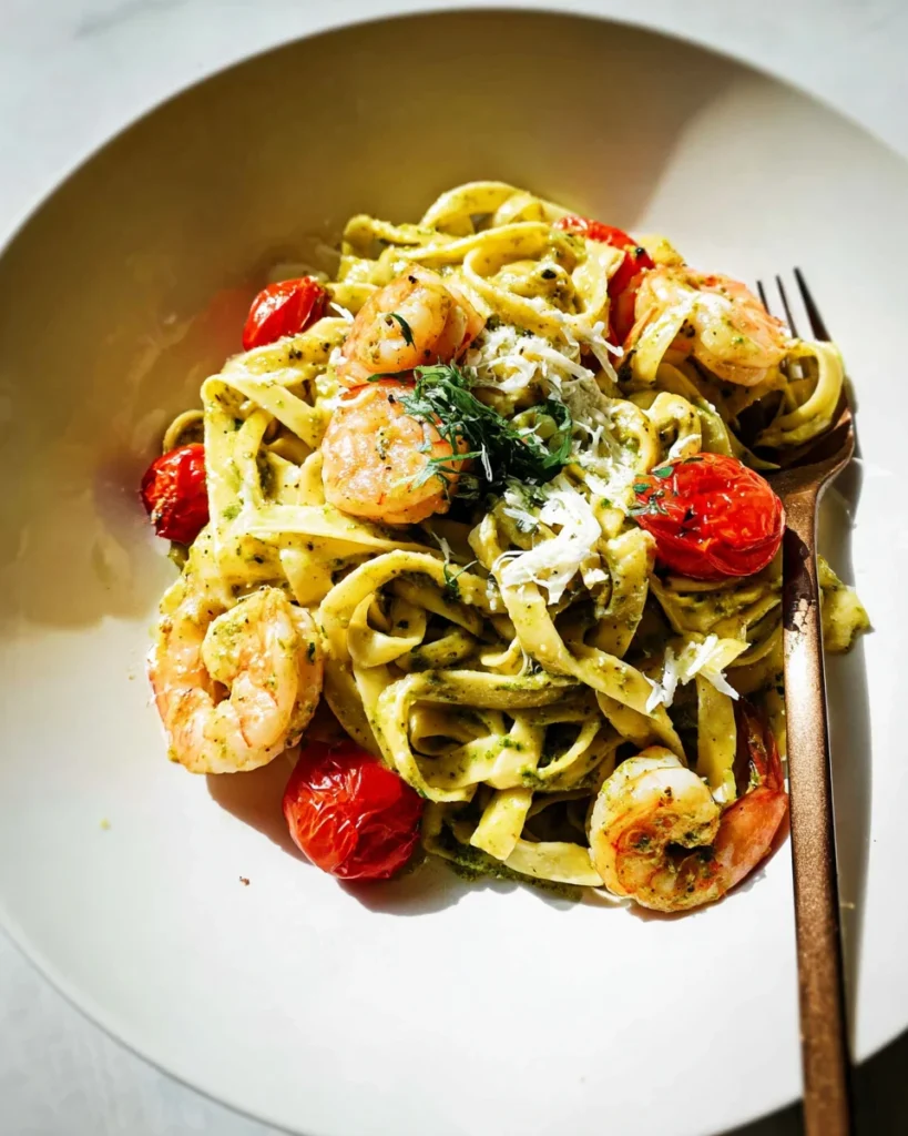 Creamy Pesto Prawn Fettuccine