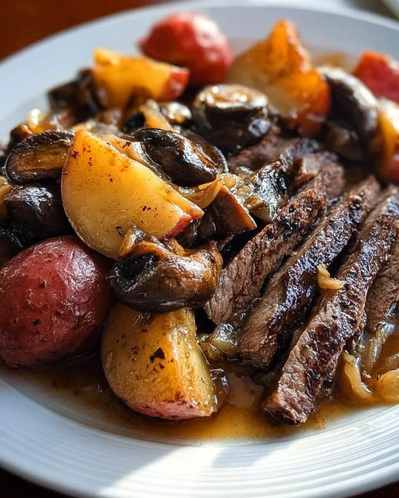 Crock Pot Flat Iron Steak with Portobello Mushrooms and Potatoes
