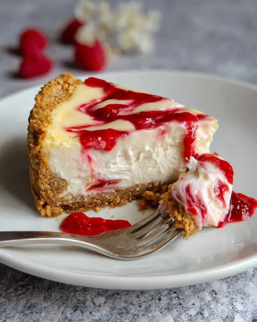 Vegan White Chocolate Cheesecake with Raspberry Coulis