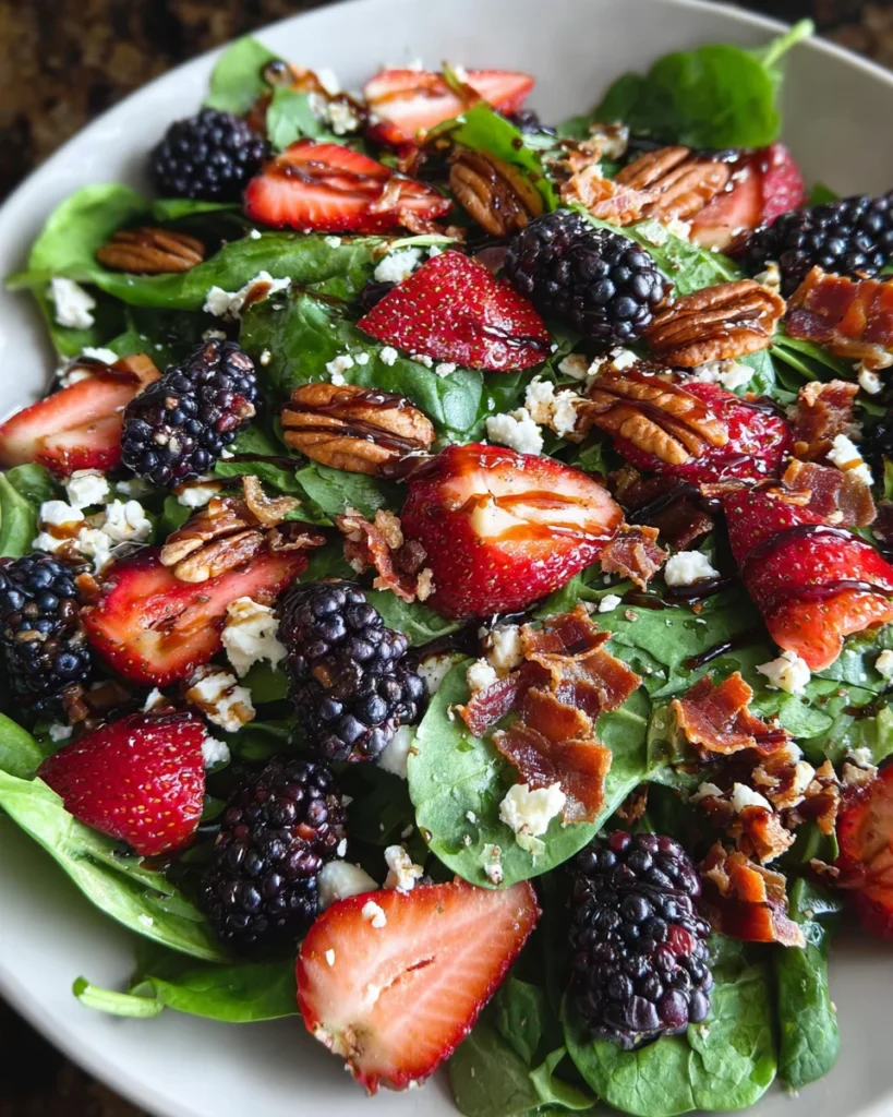 Berry Spinach Salad with Pecans, Feta, and Balsamic Glaze