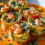 Shrimp and Spinach Stuffed Pasta Rolls with Roasted Red Pepper Cream