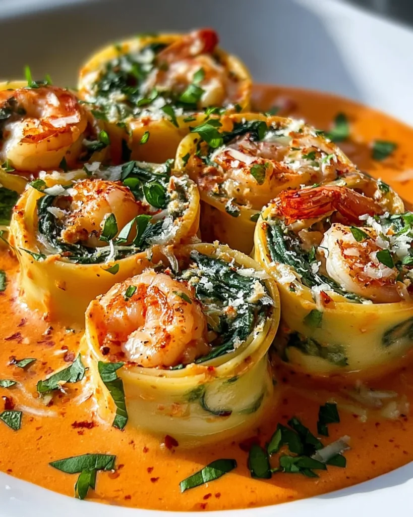 Shrimp and Spinach Stuffed Pasta Rolls with Roasted Red Pepper Cream