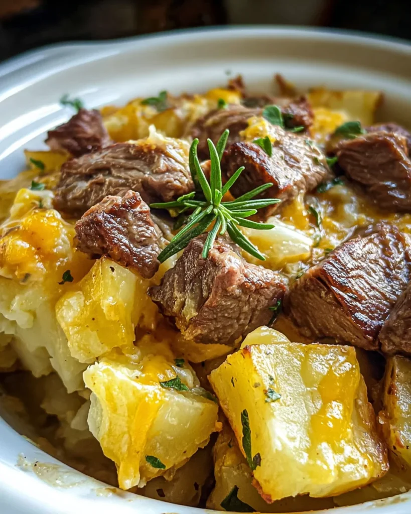Slow Cooker Steak and Cheddar Potato Casserole