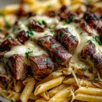 Steak and Creamy Garlic Parmesan Pasta