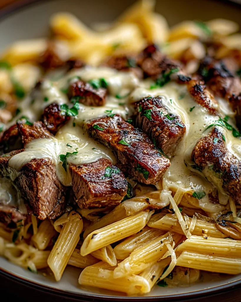 Steak and Creamy Garlic Parmesan Pasta