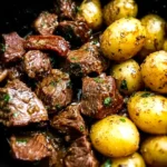 crockpot garlic butter beef bites with potatoes