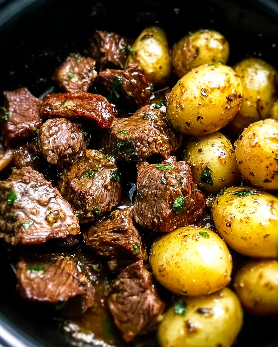 crockpot garlic butter beef bites with potatoes