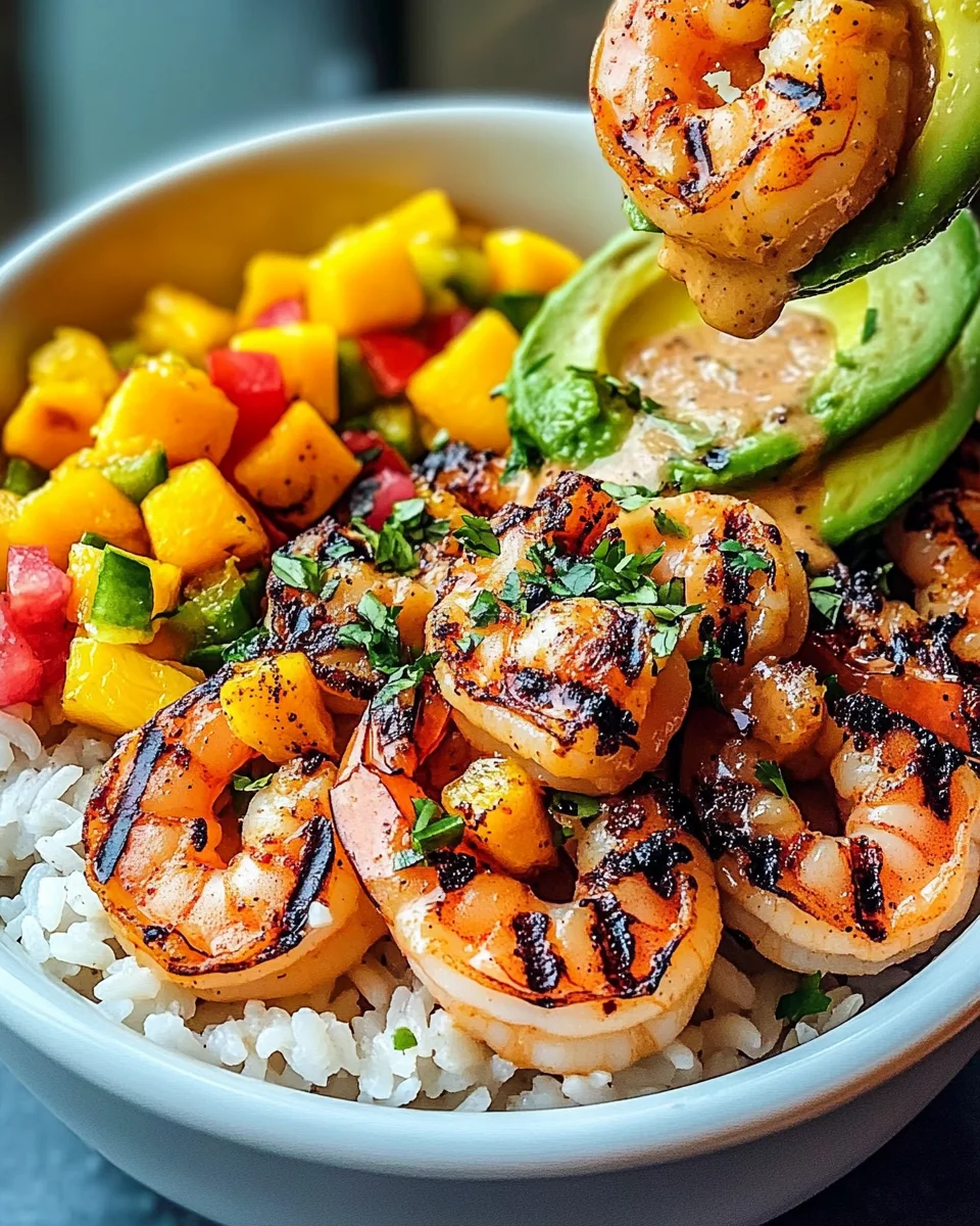 Shrimp and Avocado Bowls with Mango Salsa & Lime-Chili Sauce